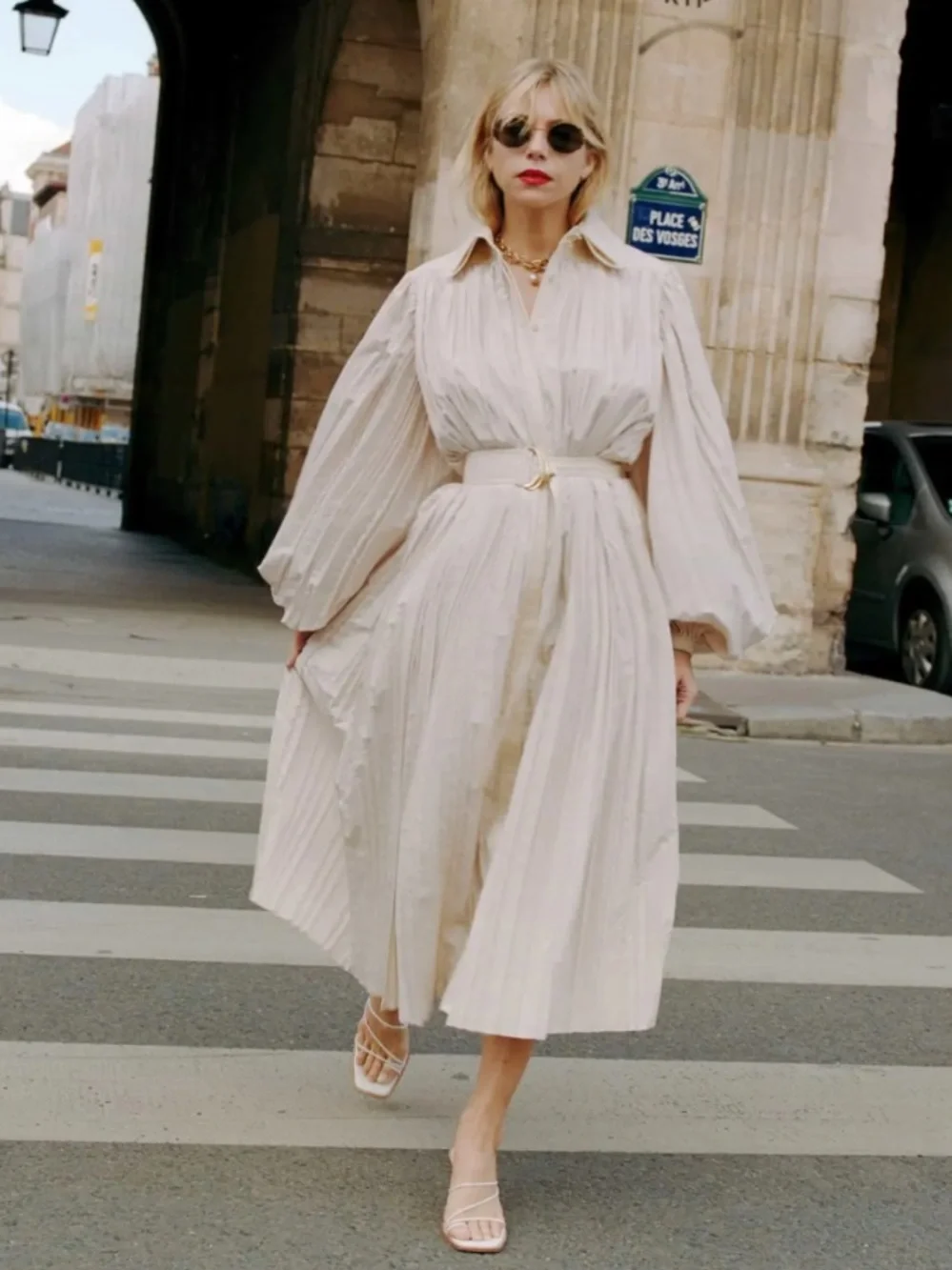 Aje Prima Pleated Long Sleeve Midi Dress in Light Beige - Picture 5 of 6